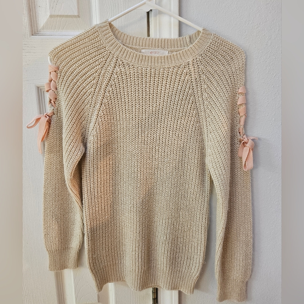 Girls Cream Sweater- lace up ribbon sleeve embellishment